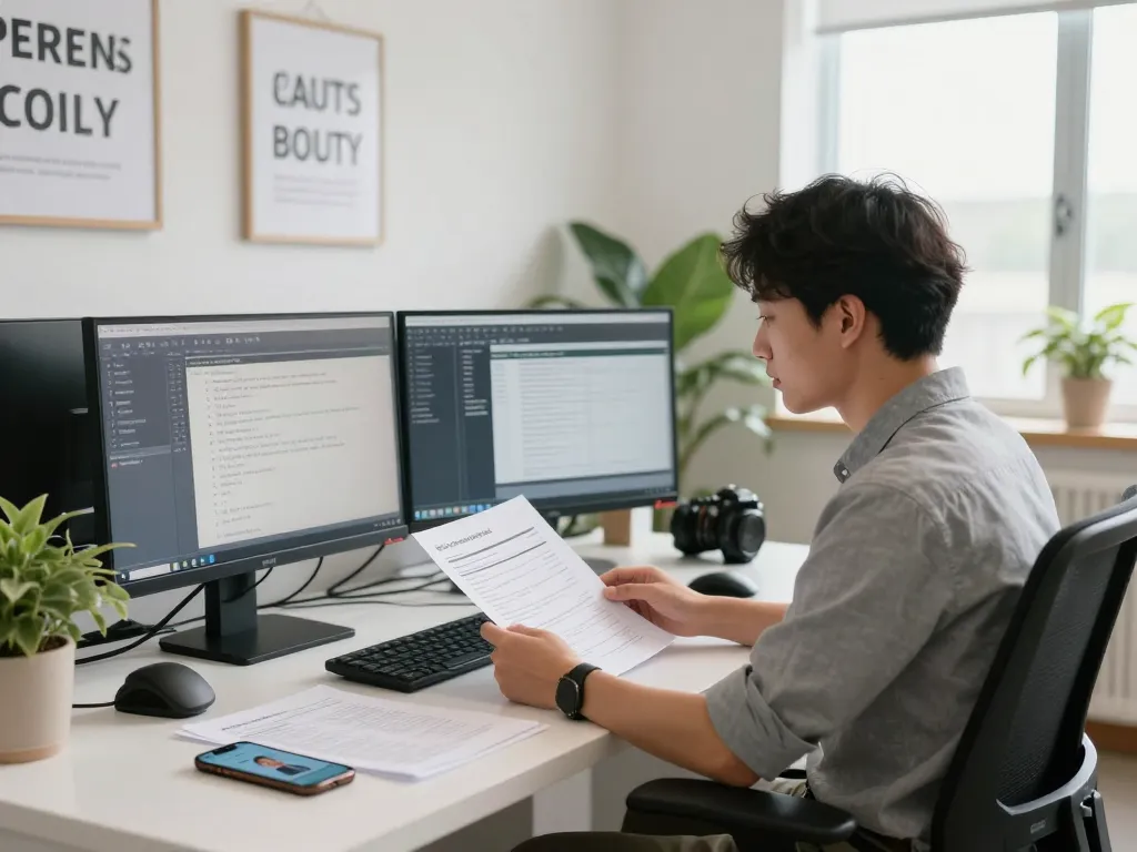 경험이 풍부한 번역가가 밝은 사무실에서 선진 번역 서비스 소프트웨어를 사용하는 모습.