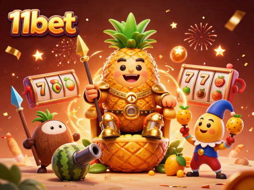 Experience vibrant casino moments with 11bet's lively gaming scene featuring a golden pineapple king and dynamic symbols.