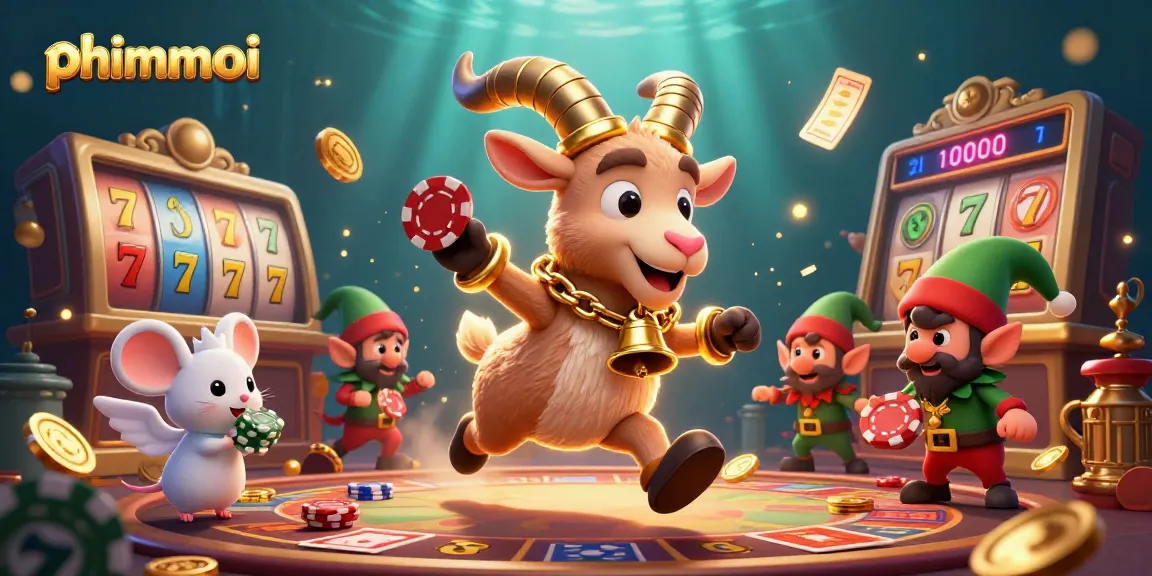 Experience phimmoi's thrilling slot games in a festive casino scene filled with playful characters.