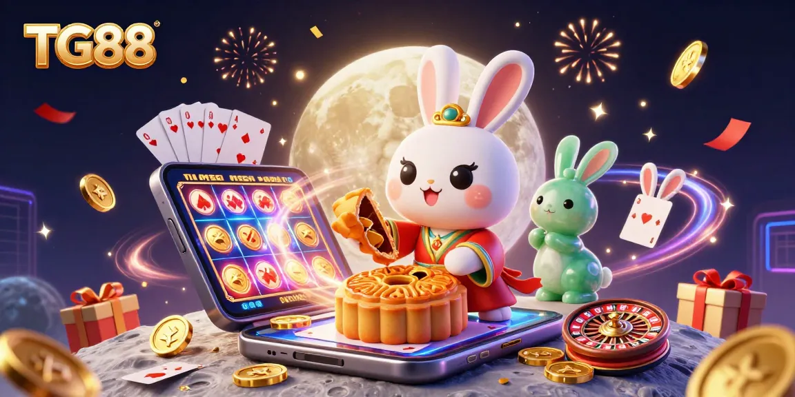 Join the exciting world of TG88, where a moon rabbit reveals hidden poker chips, amidst vibrant casino games.