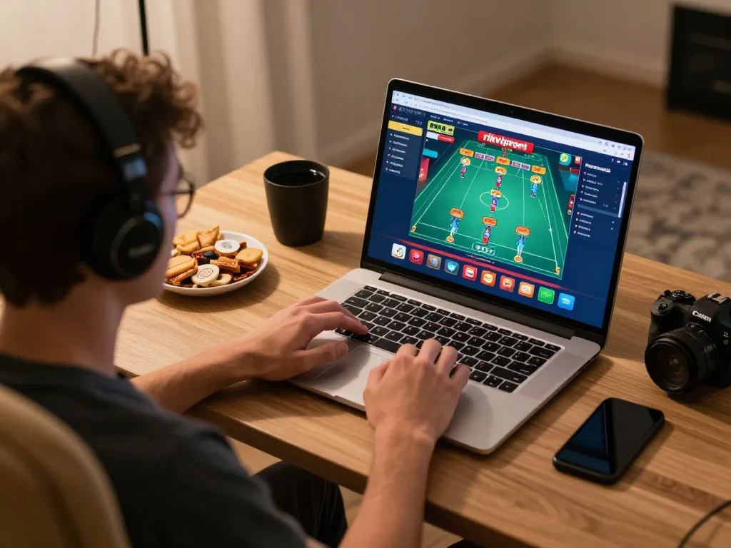 Player engaging with rikviprent online casino on laptop at a cozy home gaming setup