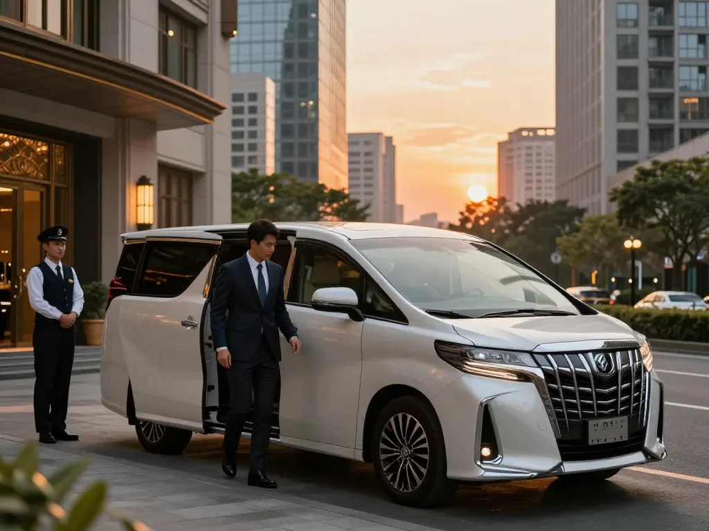 Xe Toyota Alphard sang trọng do tài xế điều khiển tại một khách sạn cao cấp, hoàn hảo cho trải nghiệm thuê xe Alphard tại Hồ Chí Minh.