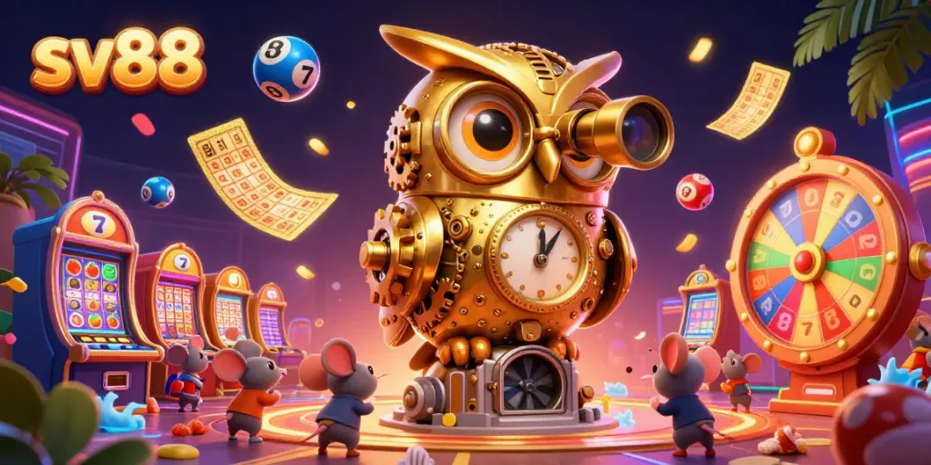 Experience the vibrant casino action with sv88, featuring a gold owl, playful mice, and dynamic lottery elements.