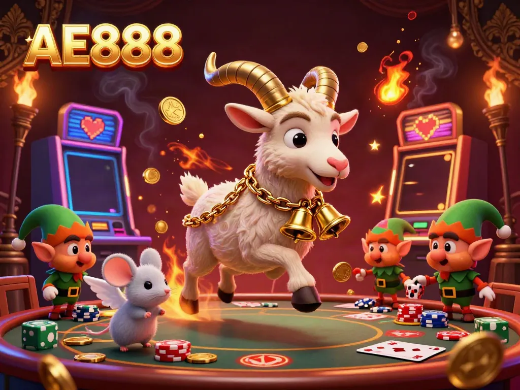 Engage in thrilling casino action at AE888 with cartoon characters in a vibrant festive scene.