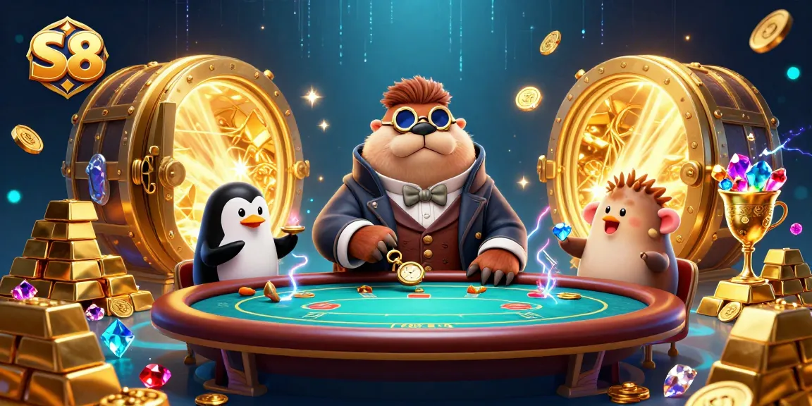Engage in thrilling S8 gaming action with a charismatic walrus poker player and eye-catching casino treasures.