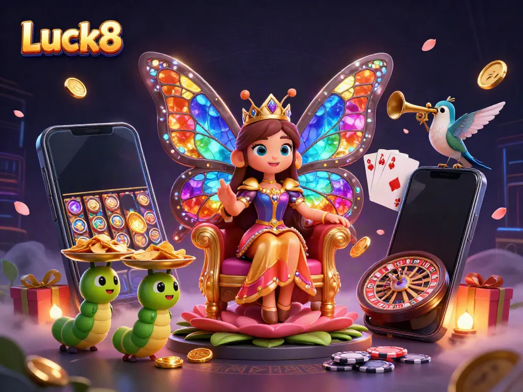Experience the Luck8 adventure with vibrant casino elements and enchanting characters in this 3D illustration.