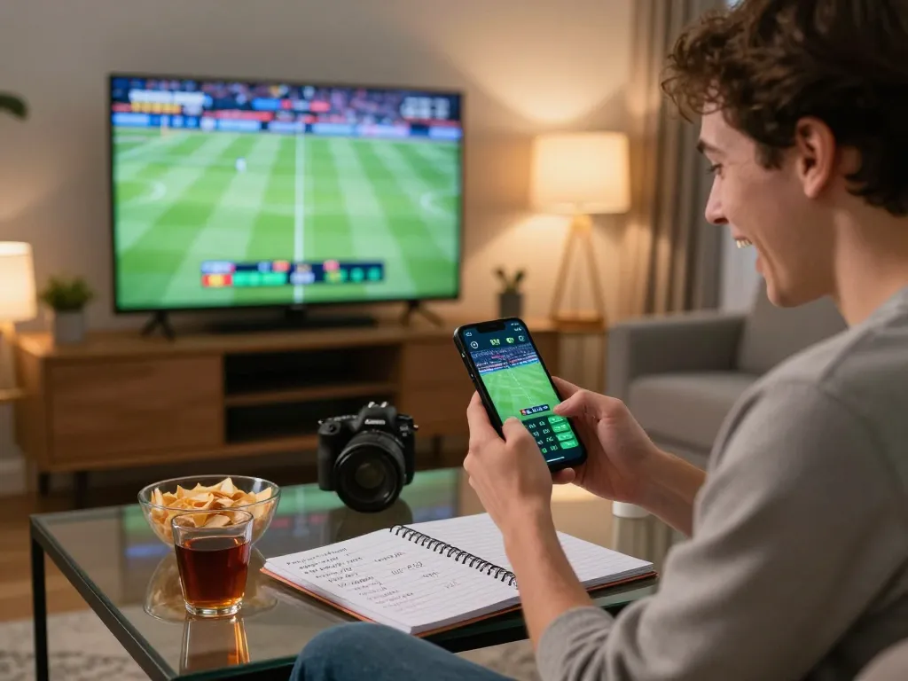 Engaging in sports betting using LINK GO99 app, person analyzing strategies at home.