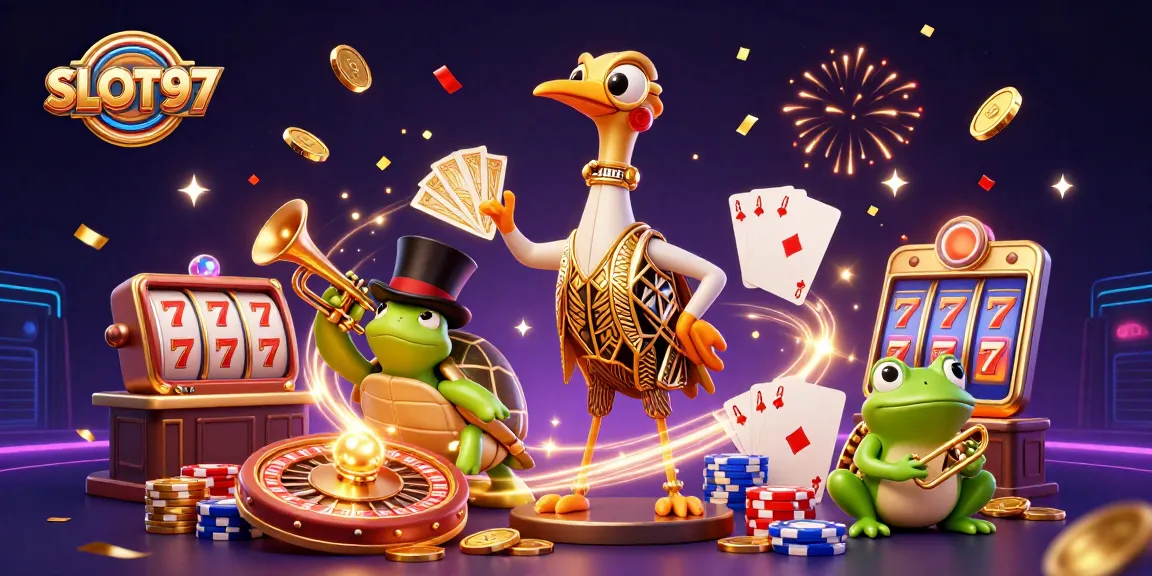 SLOT97 shines with vibrant slot machine reels surrounded by winning symbols and lively characters at a casino.