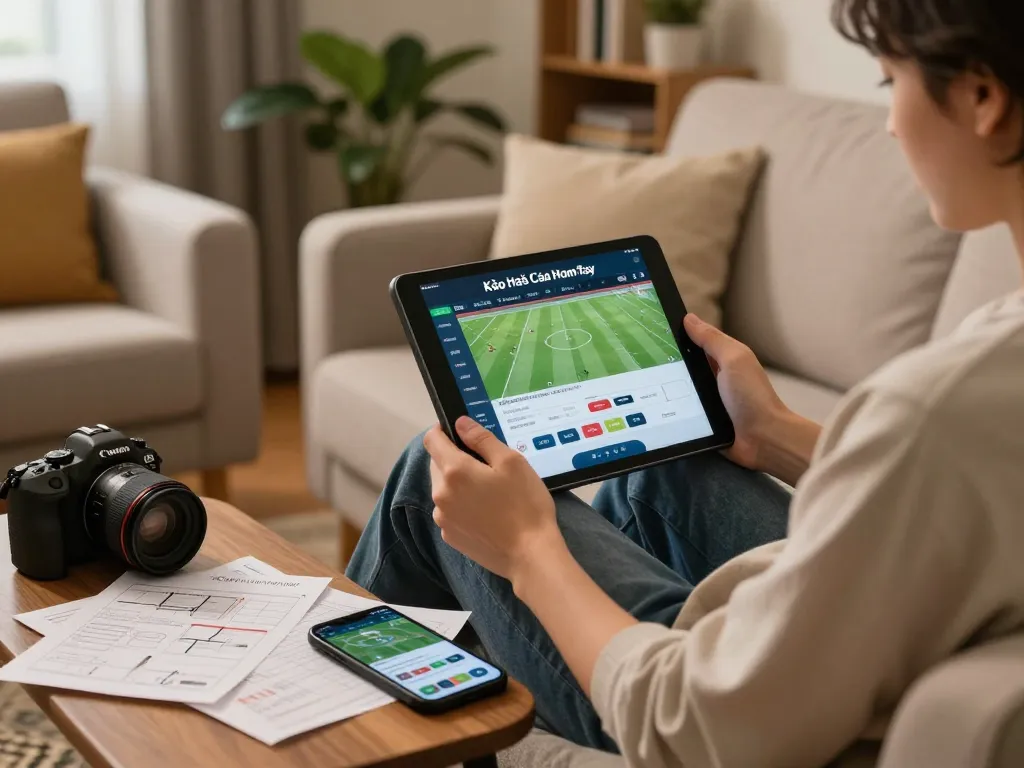 Kèo Nhà Cái Hôm Nay app displayed on tablet during a cozy home betting session.