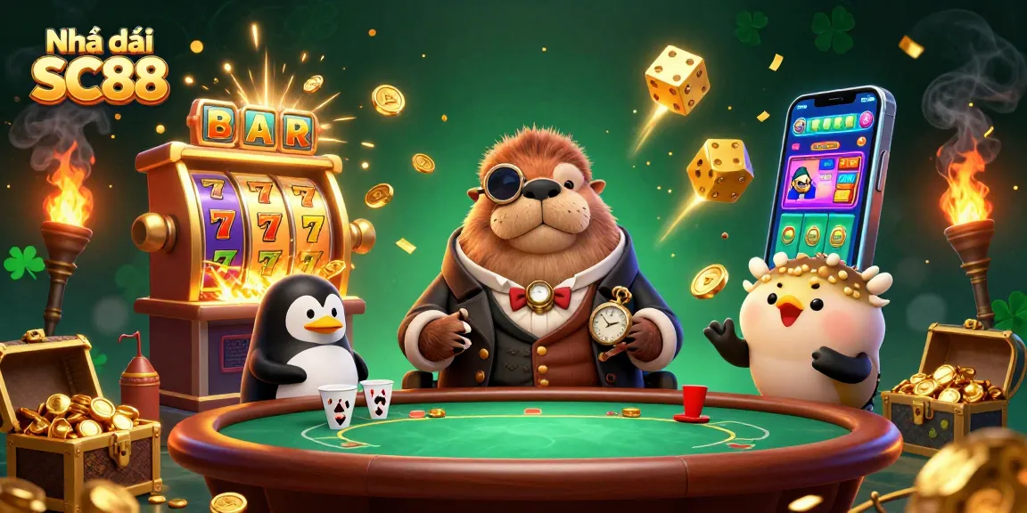 Experience excitement at Nhà cái SC88 with a playful underwater poker scene featuring vibrant game elements.