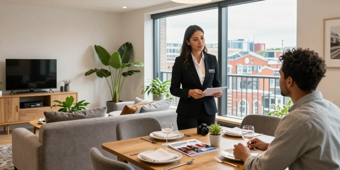 Bristol holiday-let management scene showing a welcoming apartment with local property manager assisting guests in a stylish urban environment.