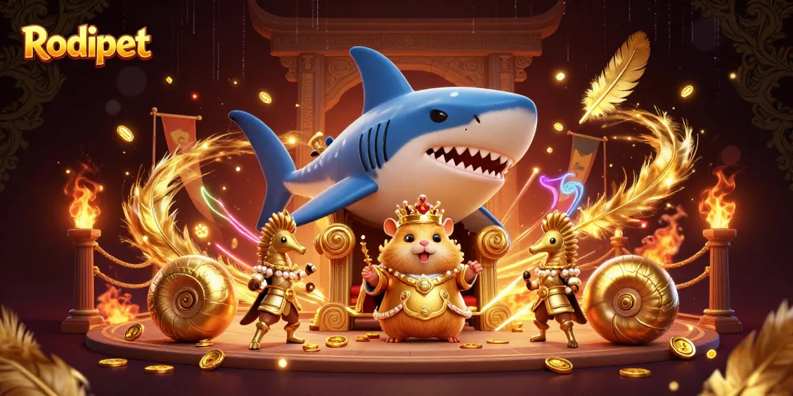 Rodipet king commands the casino arena, surrounded by royal seahorse guards and gold coins.
