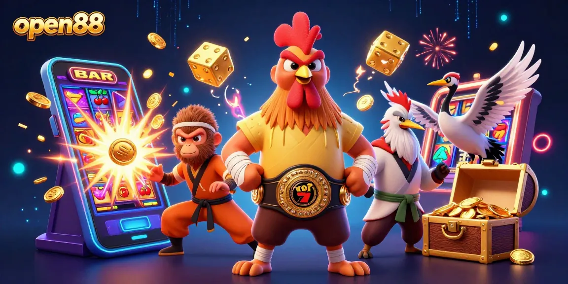 Experience excitement with open88's vibrant casino scene featuring a Muay Thai rooster and more.