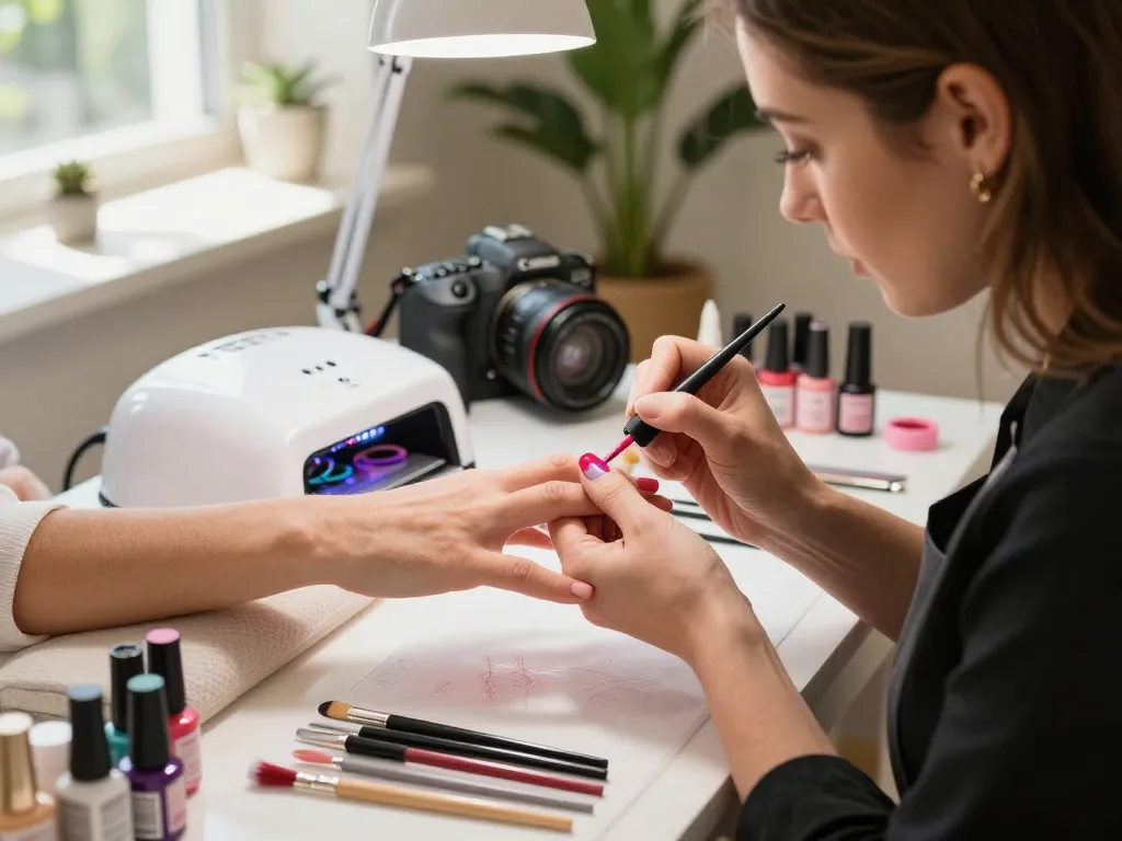 Tehnician de unghii profesionist aplicând ojă gel vibrantă la https://Glamstorebeauty.shop cu sticle colorate de ojă gel și unelte.