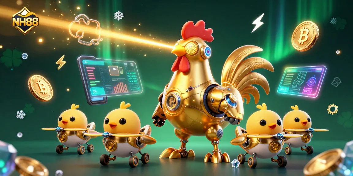 Engaging scene of the NH88 golden rooster robot gambling experience with crypto-themed elements.