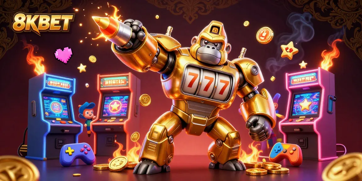 Experience thrilling wins at 8KBET with an energetic gaming scene featuring a golden gorilla mech.