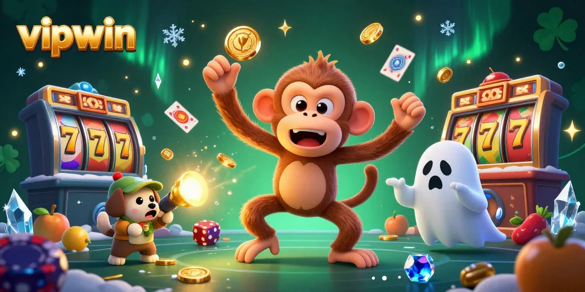 Experience the thrilling excitement of vipwin with a playful ghost-hunting scene in a vivid casino.