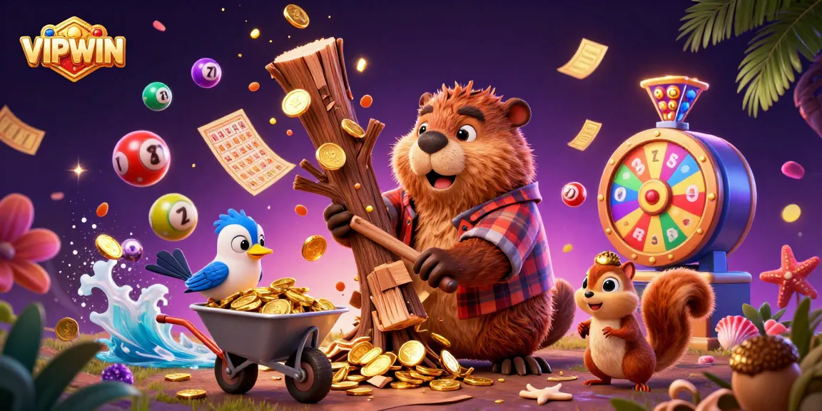 Experience the excitement of VIPWIN with a vibrant 3D scene featuring characters collecting gold coins in a lively casino.