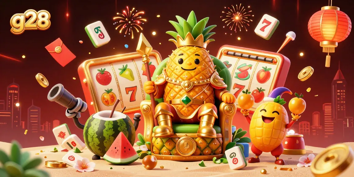 Experience the thrill of g28 with a vibrant casino scene featuring a pineapple king and slot reels.