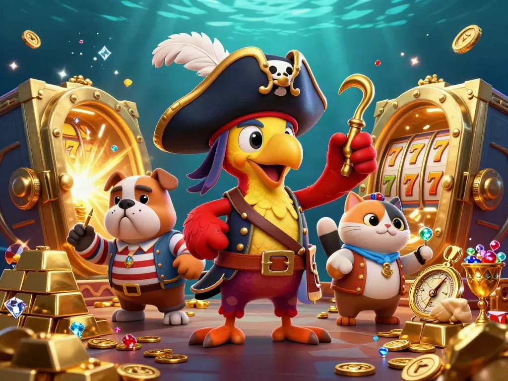 Navigating the excitement of NK88, a vibrant casino scene filled with treasures and slot game elements.