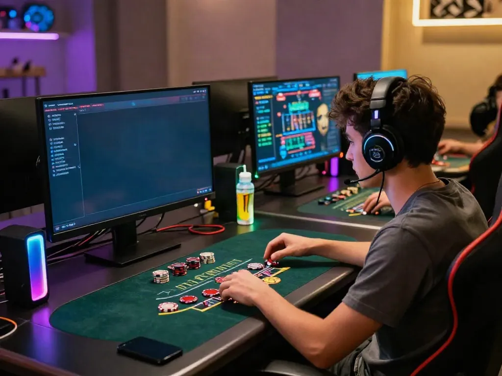 Engaged player enjoying blackjack en ligne at a modern gaming desk, vibrant digital interface on screen.
