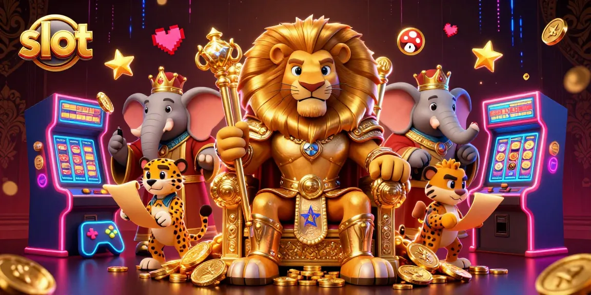 Spin the slot reels with fierce lion king and vibrant gaming elements in a rich casino scene