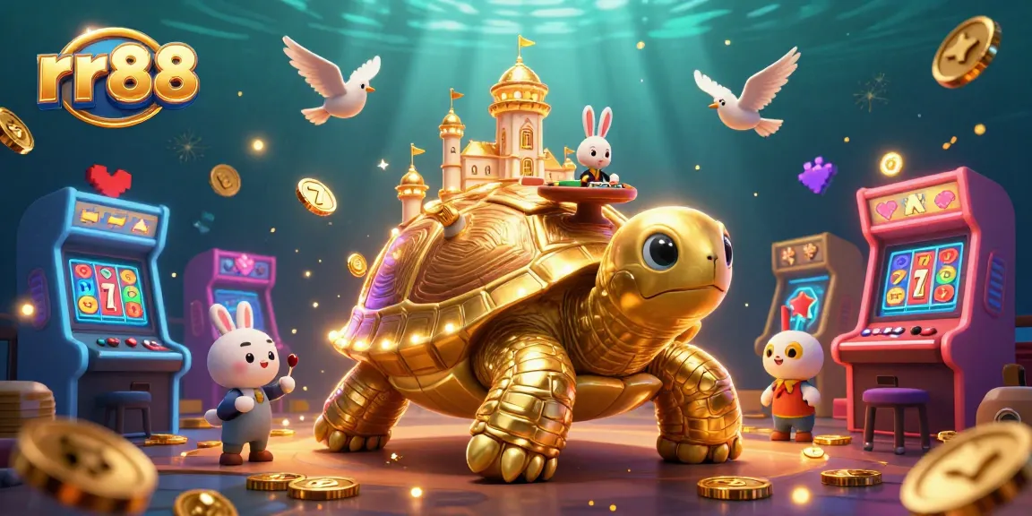 Experience unmatched excitement at rr88 with vibrant casino-themed 3D illustrated scene showcasing gaming diversity.