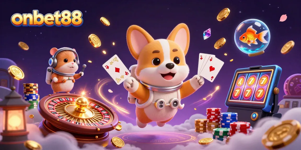 Experience thrilling fun at onbet88 with an astronaut corgi in a vibrant casino scene!