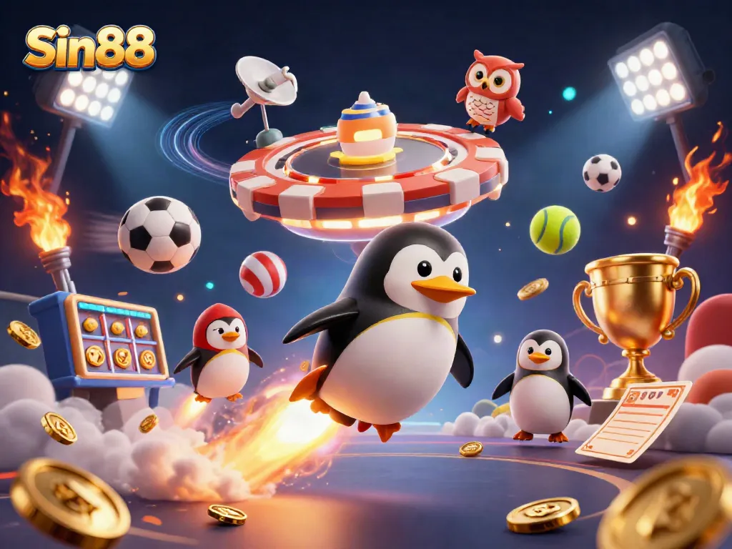 Experience thrilling wins at Sin88 with a dynamic penguin racing towards a casino space station.