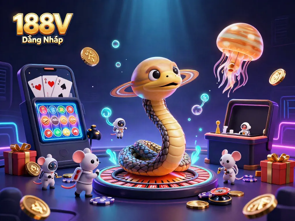 Experience thrilling betting with 188V Đăng Nhập as cosmic characters mingle around a roulette wheel and slot games.