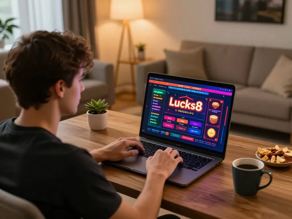 Engaged player enjoying lucks8 online casino gaming on a laptop in a cozy home setting.