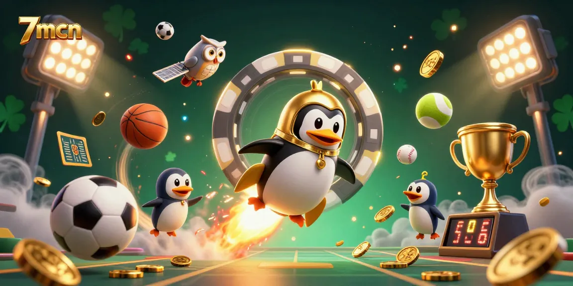 Bettors celebrate with a rocket-powered golden penguin and sports elements in a dynamic 7mcn illustration.