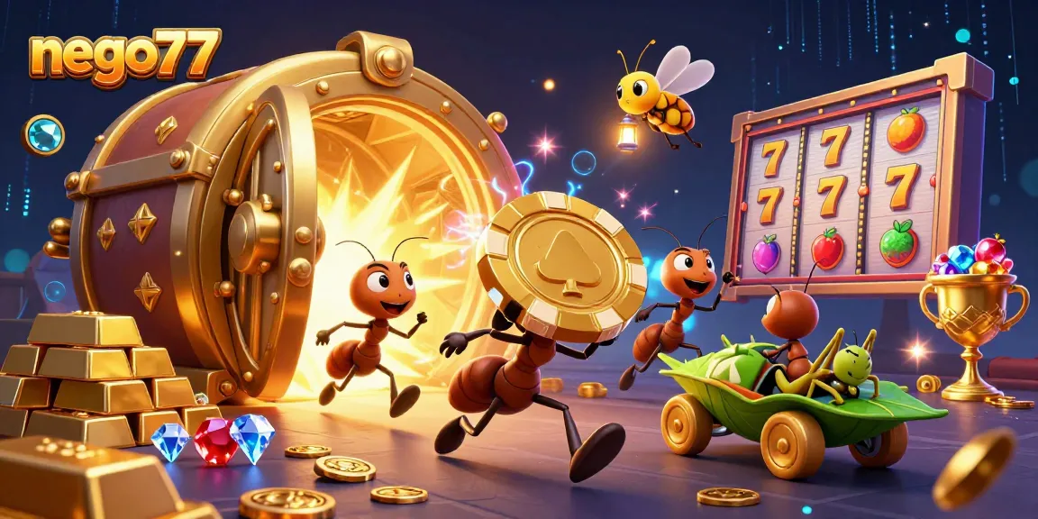 Experience gambling excitement with nego77 as ants carry a giant poker chip in this dynamic heist illustration.