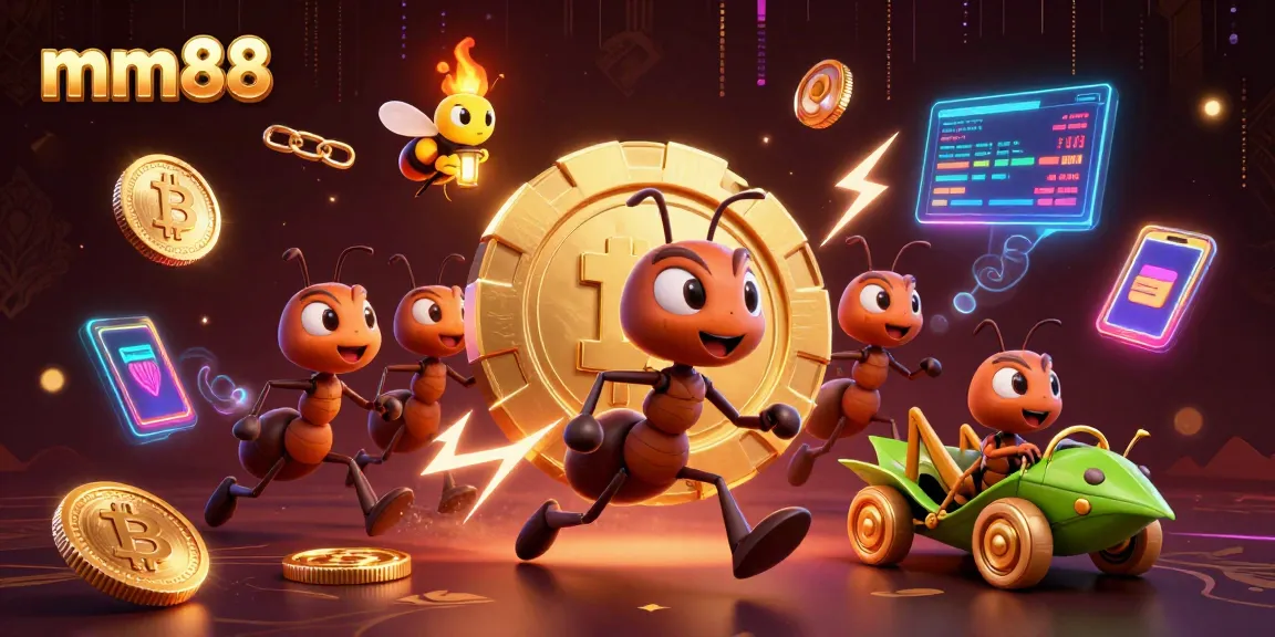 Engage with mm88's thrilling world as ants sprint with giant poker chips amid crypto coins and digital effects.