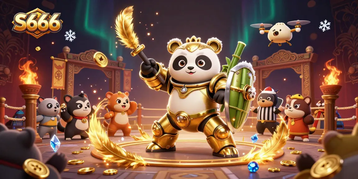 S666 brings thrilling gaming as a golden panda pilot battles in a vibrant arena.