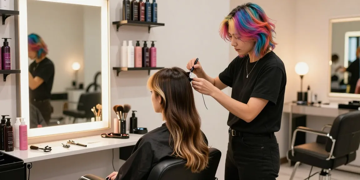Hairstylist demonstrating a modern hair style trend with vibrant color and precision cut in a chic salon setting.