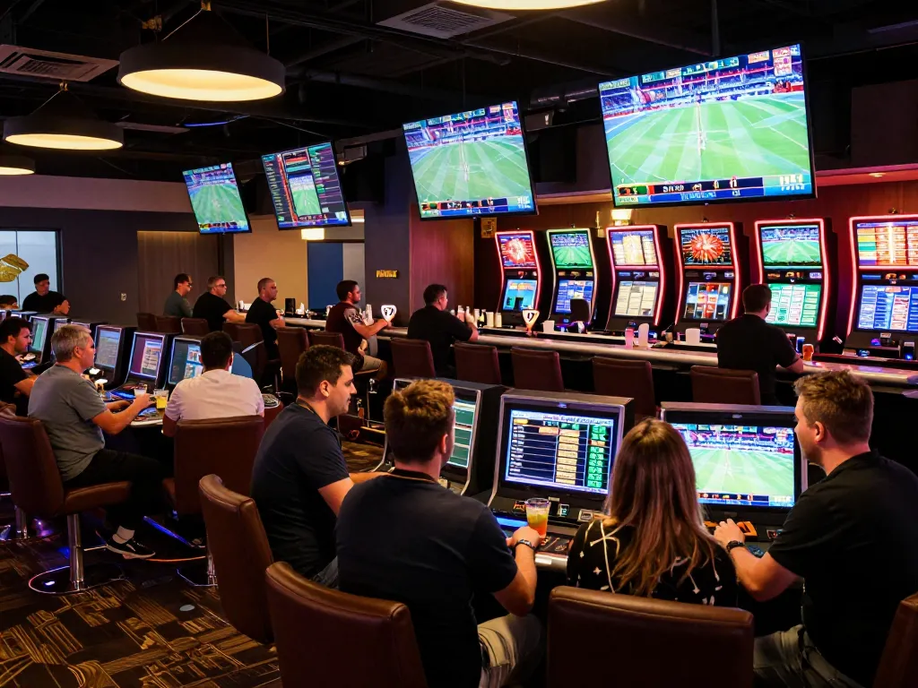 DH88 sports betting excitement with bettors analyzing odds and live events in a vibrant casino atmosphere.