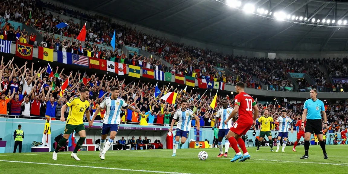 Exciting World Cup playoff action scene from https://bongdata.net/ showcasing passionate fans, players in motion, and stadium atmosphere.