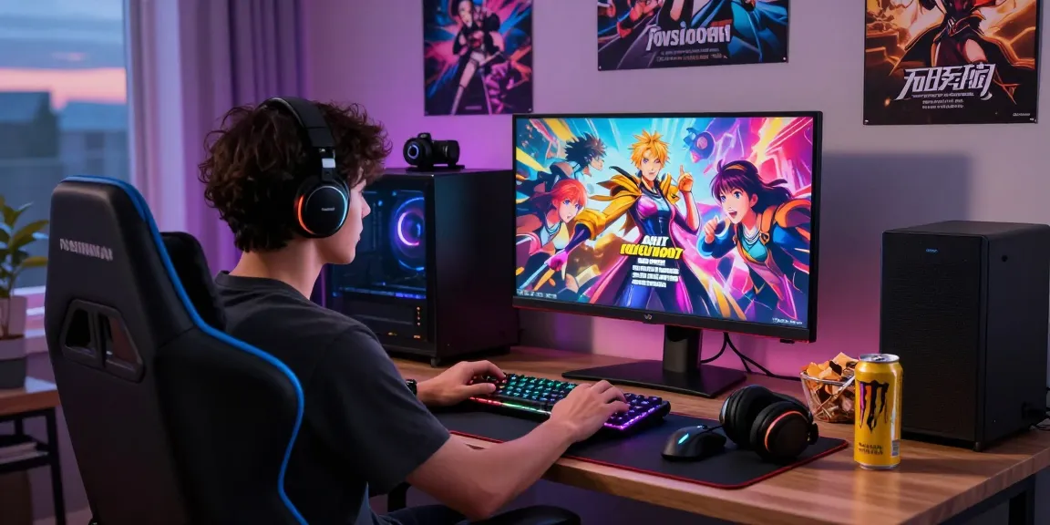 Immersive gamer enjoying Adult Visual Novel Games in a cozy home setup with colorful visuals and snacks.