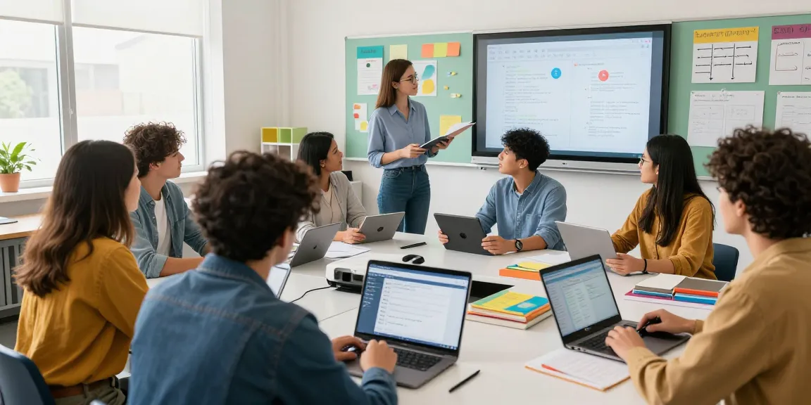 Teachers collaborating using an online teacher planner in a vibrant classroom setting, showcasing EMStudio's classroom management application.