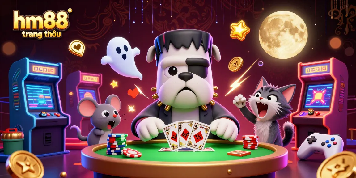 Engage in thrilling card games at hm88 trang chủ with characters and vibrant casino elements in a lively scene.