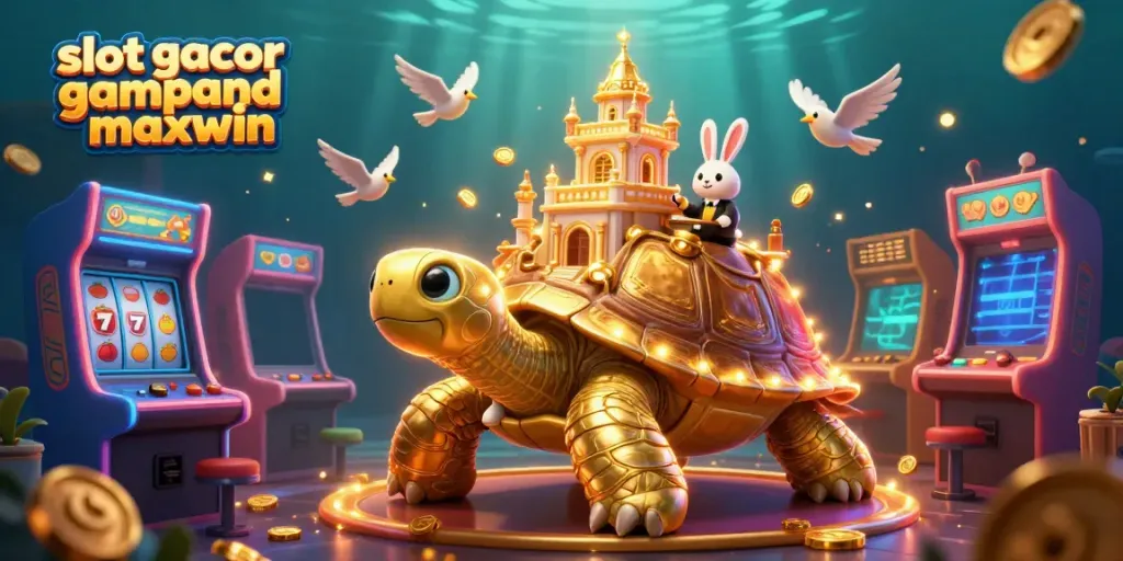 Experience thrilling "slot gacor gampang maxwin" action with golden tortoise, rabbit dealer, and vibrant arcade elements.