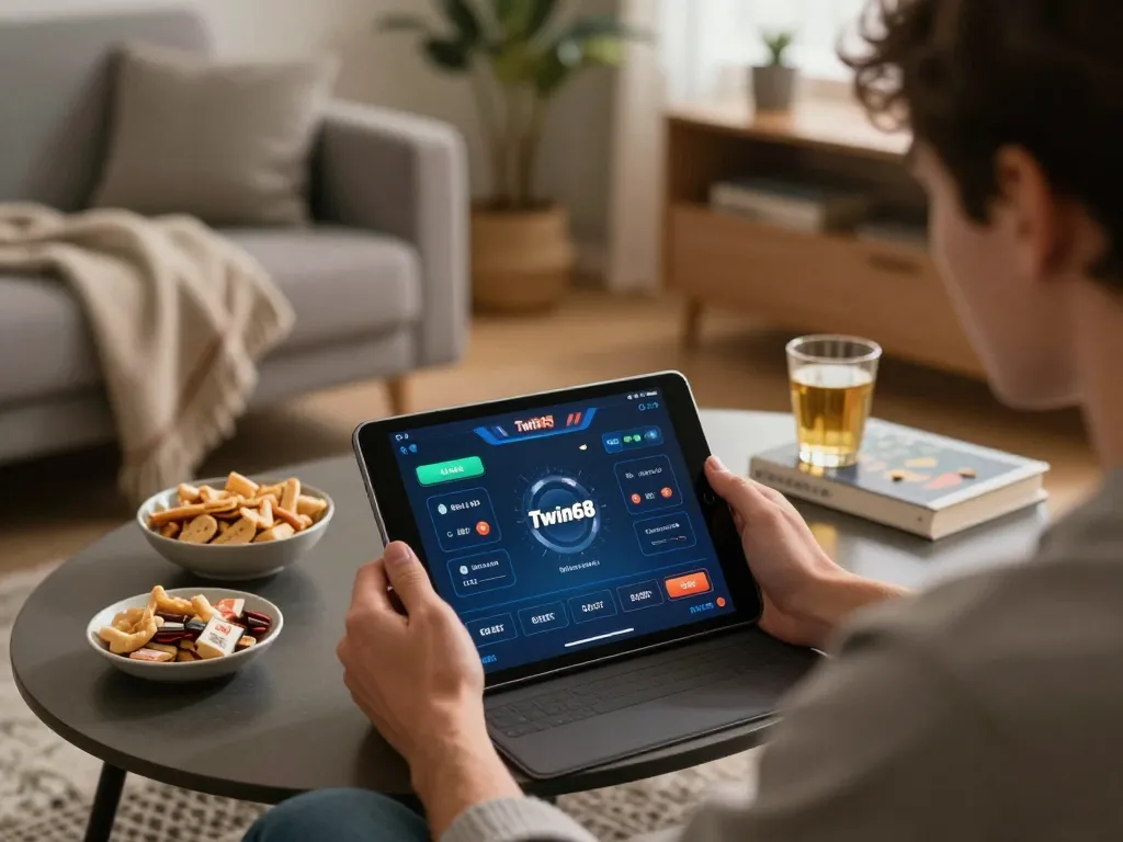 Player using Twin68 app for online gambling in a cozy home atmosphere.
