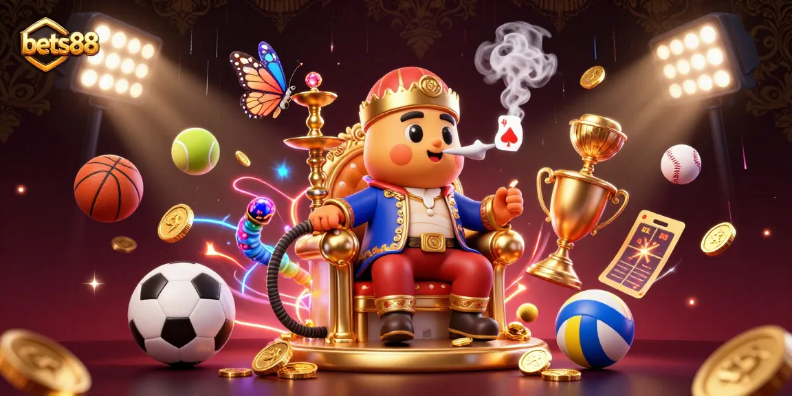 Experience excitement at bets88 with a vibrant 3D casino scene featuring a caterpillar master, sports elements, and golden coins.