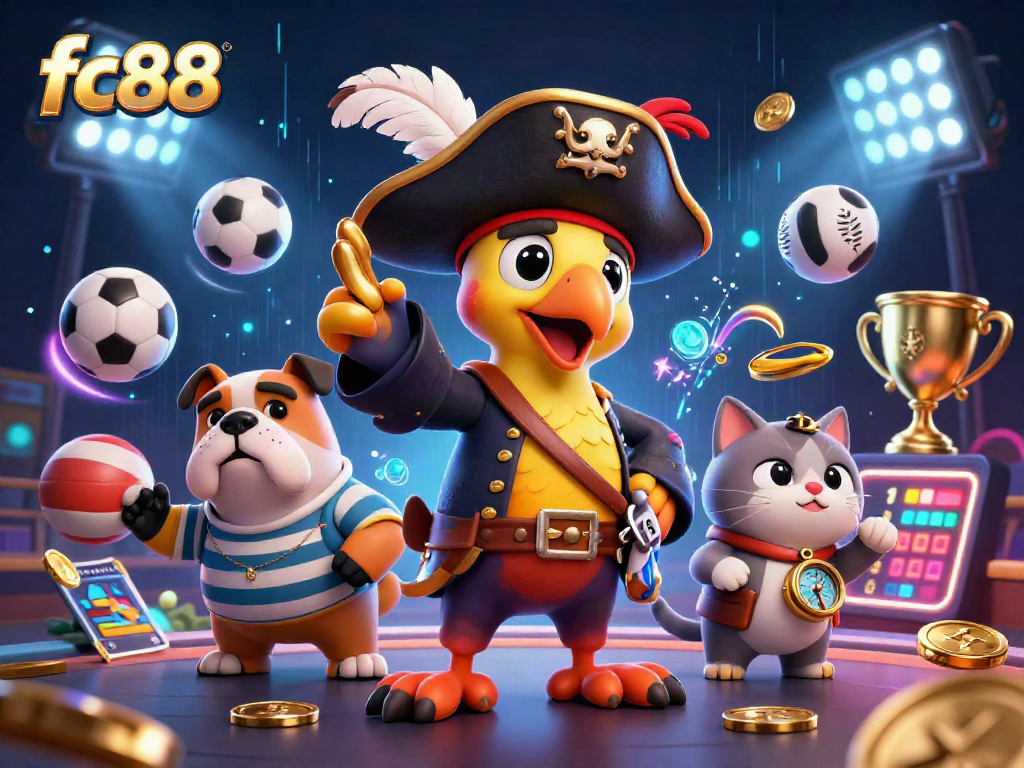 Hình ảnh vui nhộn từ fc88, thể hiện cướp biển, chó bulldog và mèo điều hướng trong một sòng bạc.