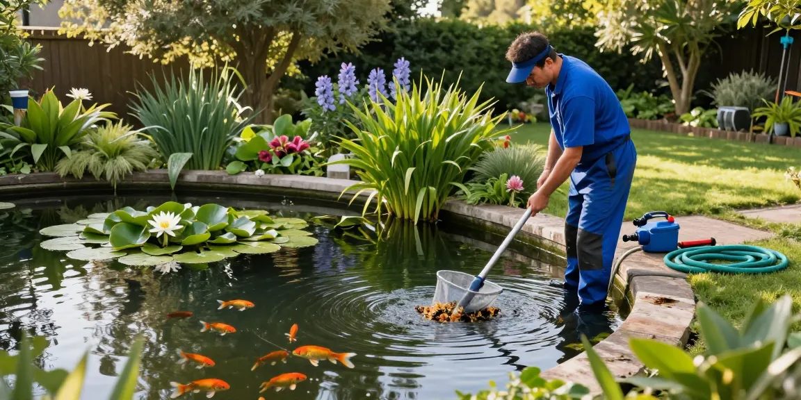 Pond Cleaning Essex: Professional pond cleaner removing debris from a scenic backyard pond in Essex.