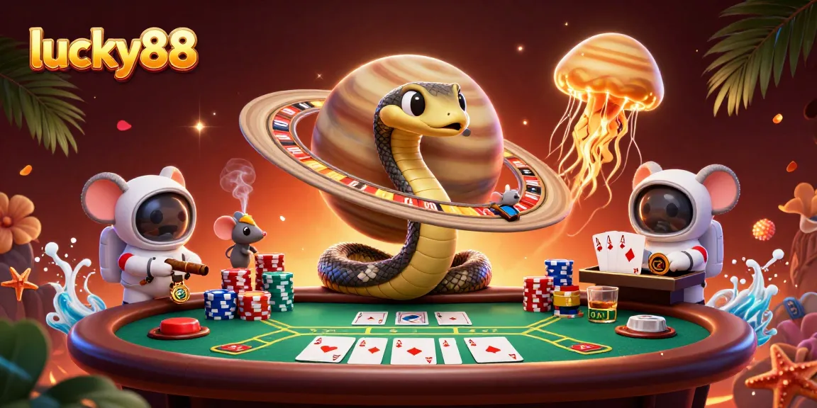 Experience thrilling gameplay at lucky88 with animated poker scenes and cosmic elements.