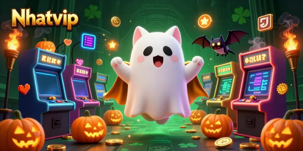 Nhatvip enhances gameplay experience with a friendly ghost cat in a vibrant casino setting.