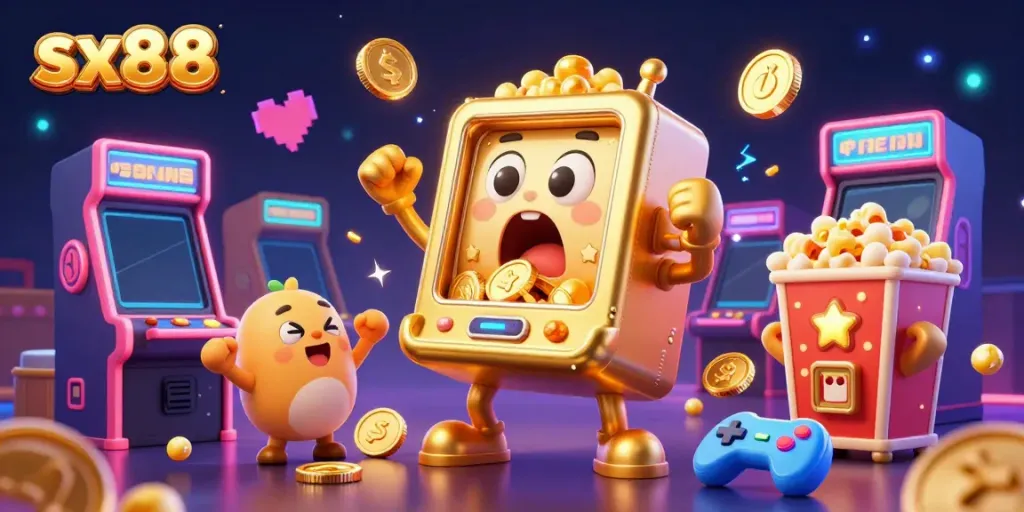 Experience the thrilling sx88 jackpot with vibrant characters like a golden slot machine and cheering baby machines.