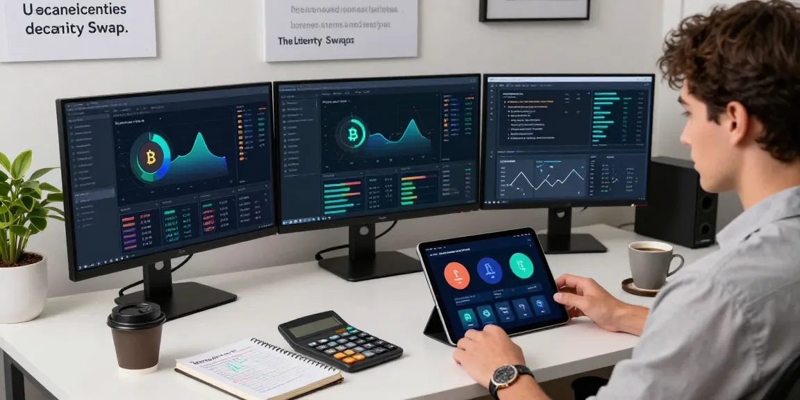 LibertySwap user engaging with digital finance tools at a modern workstation, showcasing spreadsheets, blockchains, and active trading.